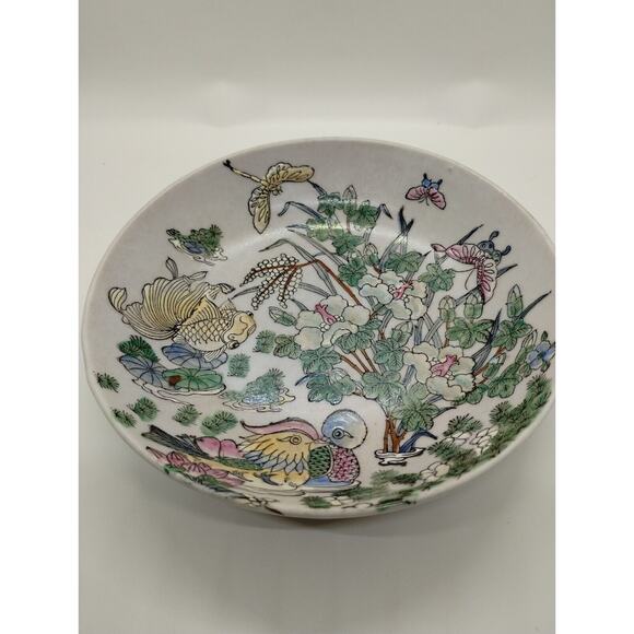 Vintage Floral Hand Painted Porcelain 7" Bowl - Dragonfly - Goldfish - Macau - Picture 2 of 7